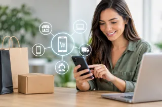 Consumidora usando aplicativo nativo em jornada de varejo omnichannel